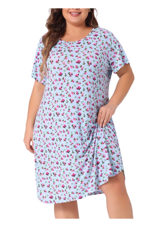 Short Sleeve Lightweight Pajama Dress, Light Blue / Light Blue, alternate image number 2