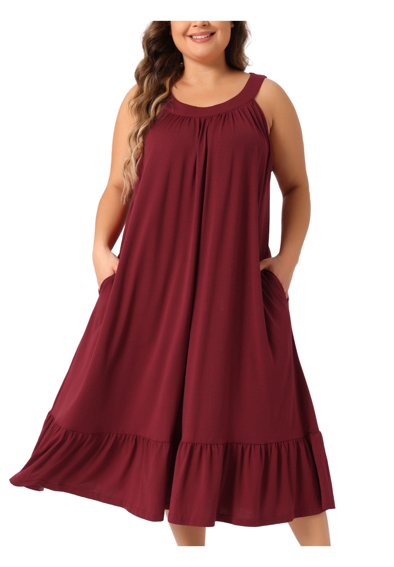 Tank Sleeveless Wide Strap Chemise Pleated Nightdress with Pockets, Wine Red / Burgundy, alternate image number 2