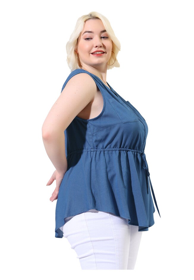 Sleeveless V Neck Drawstring Waist Chambray Tank Shirt, Blue / Chambray Denim Medium, alternate image number 3