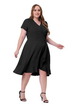 Chambray Faux Wrap V Neck Casual Ruffle Dress