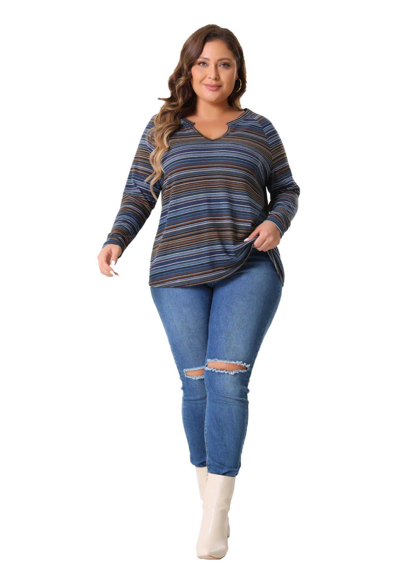 Long Sleeve T-Shirt Notch V Neck Blouse, Blue / Navy, hi-res image number 0