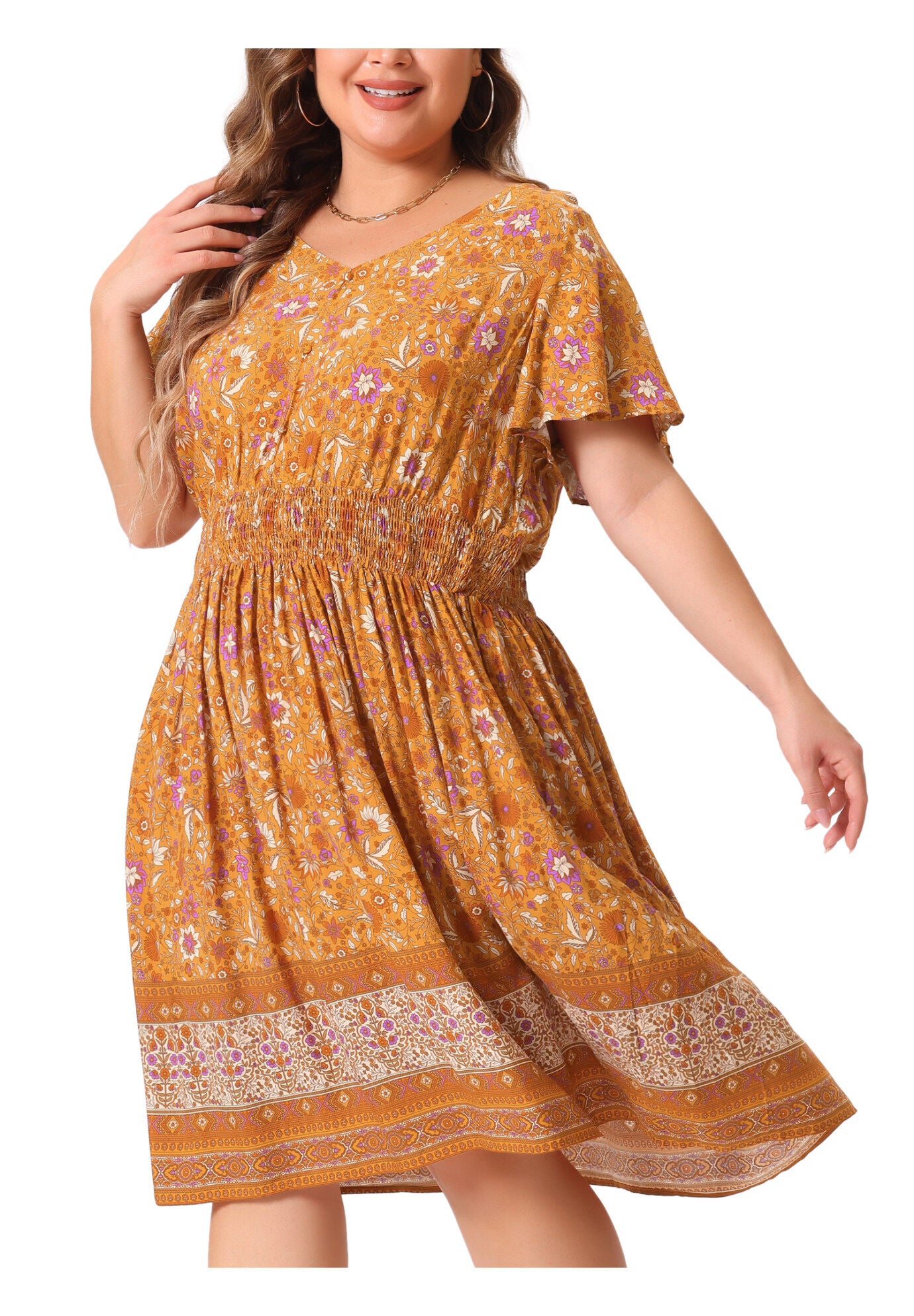 Placed Pattern Bohemian Smock Waist V Neck Summer Midi Dress, Orange / Orange, alternate image number 2