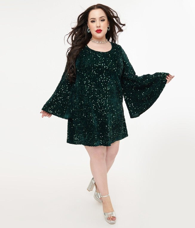 Smak Parlour Plus Size 1960s Green Sequin Downtown Scene Mini Dress, Green / Forest Green, hi-res image number null