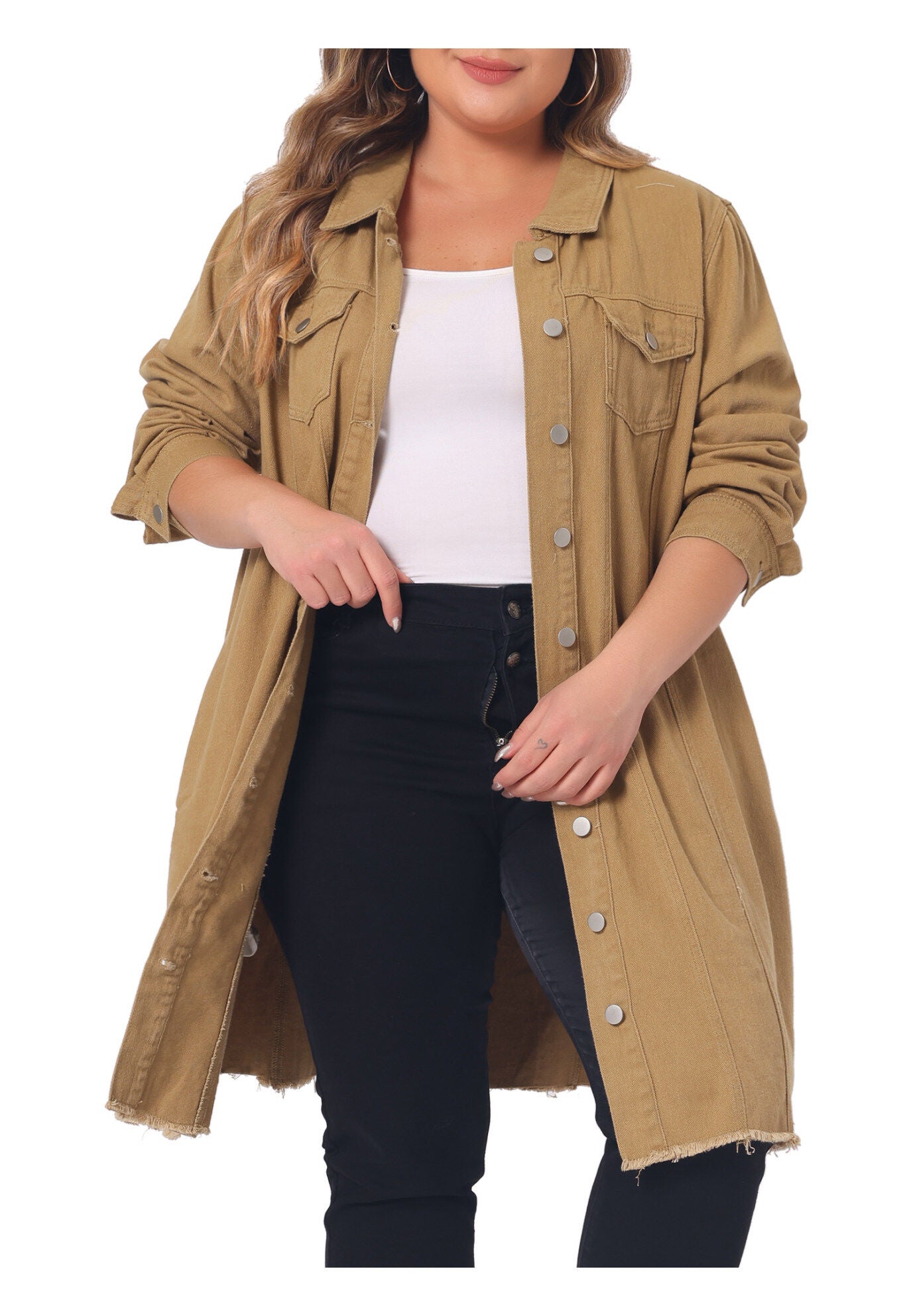 DISTRESSED BUTTON UP POCKET LONG DENIM JACKET, Khaki / Tan, alternate image number 1