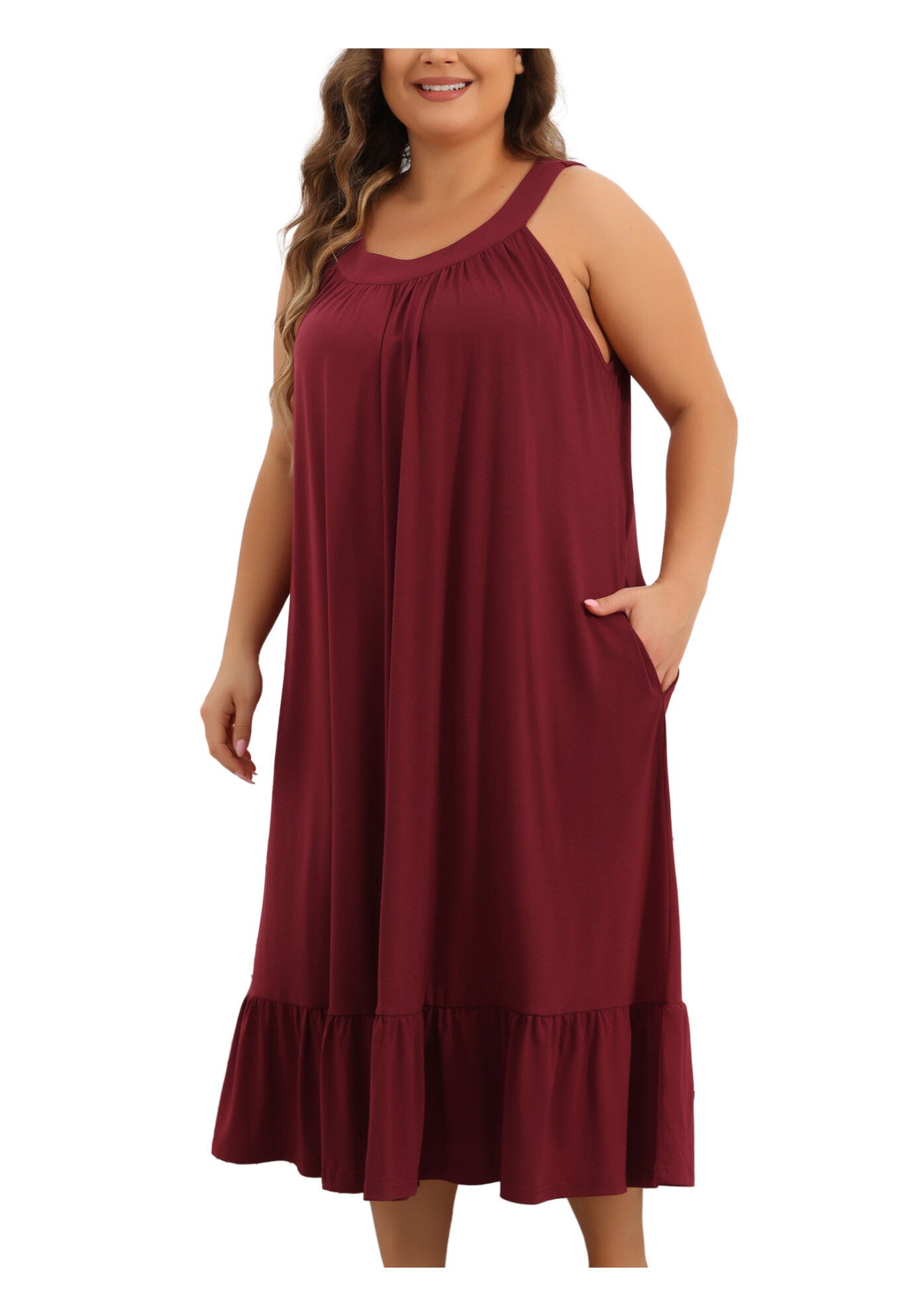 Tank Sleeveless Wide Strap Chemise Pleated Nightdress with Pockets, Wine Red / Burgundy, alternate image number 1