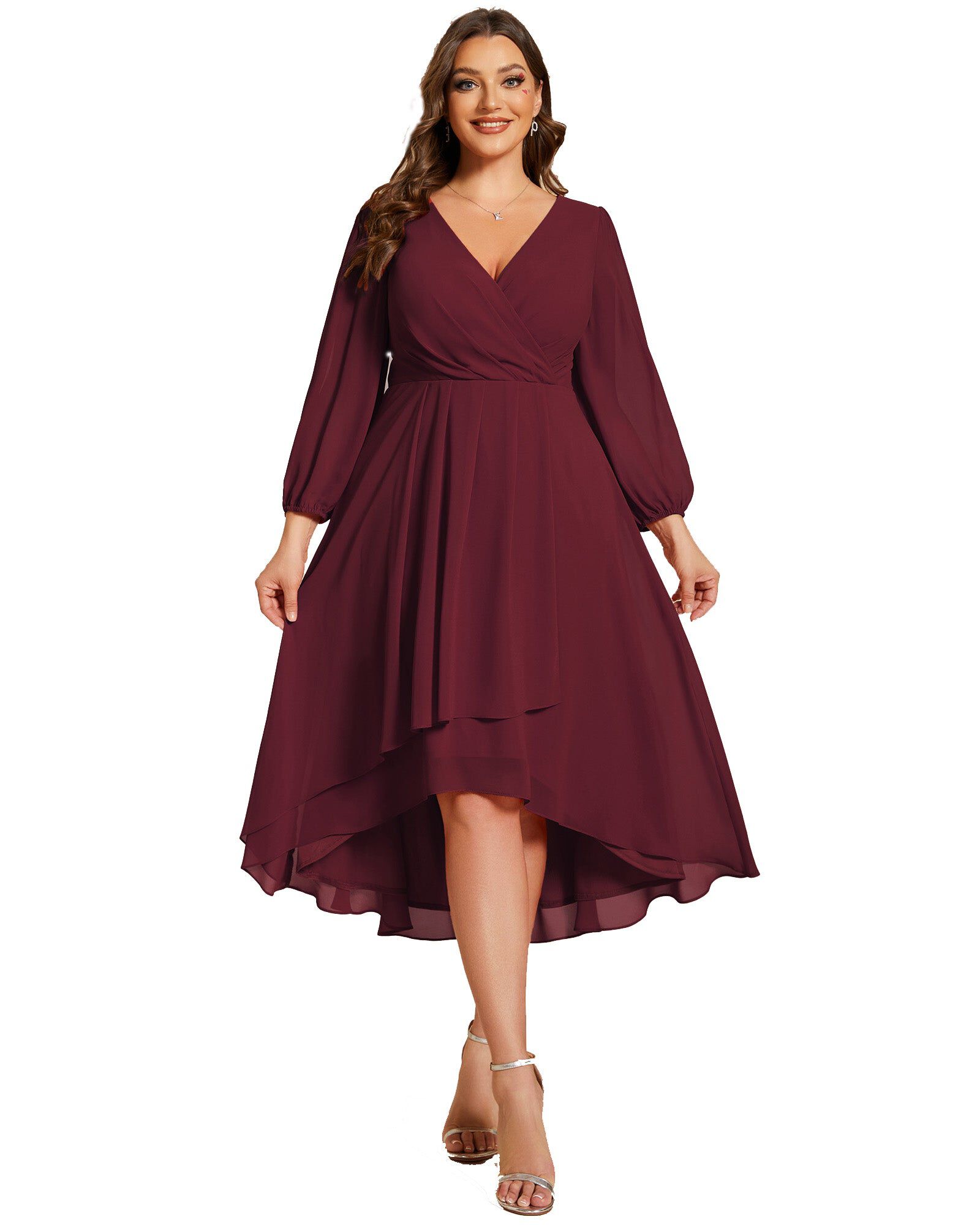 Long Sleeves Asymmetrical Hem A-Line Midi Wedding Guest Dress | Dia & Co