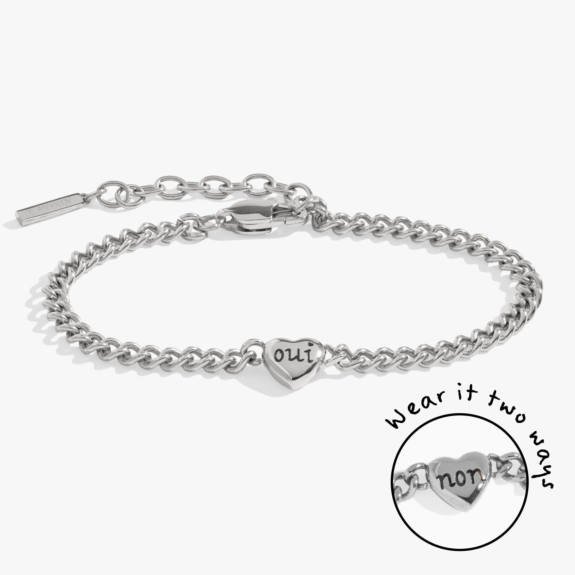 Engraved French &#39;Oui&#39; & &#39;Non&#39; Reversible Heart Bracelet, Silver / Silver, hi-res image number 0