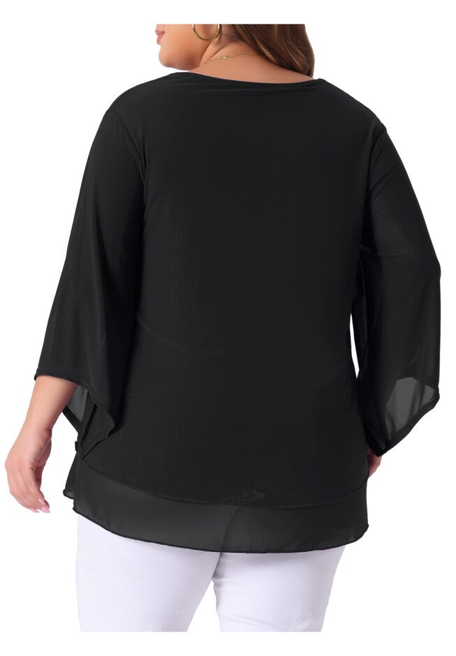 3/4 Sleeve Scoop Neck Double Layers Chiffon Blouse, Black / Black, alternate image number 3