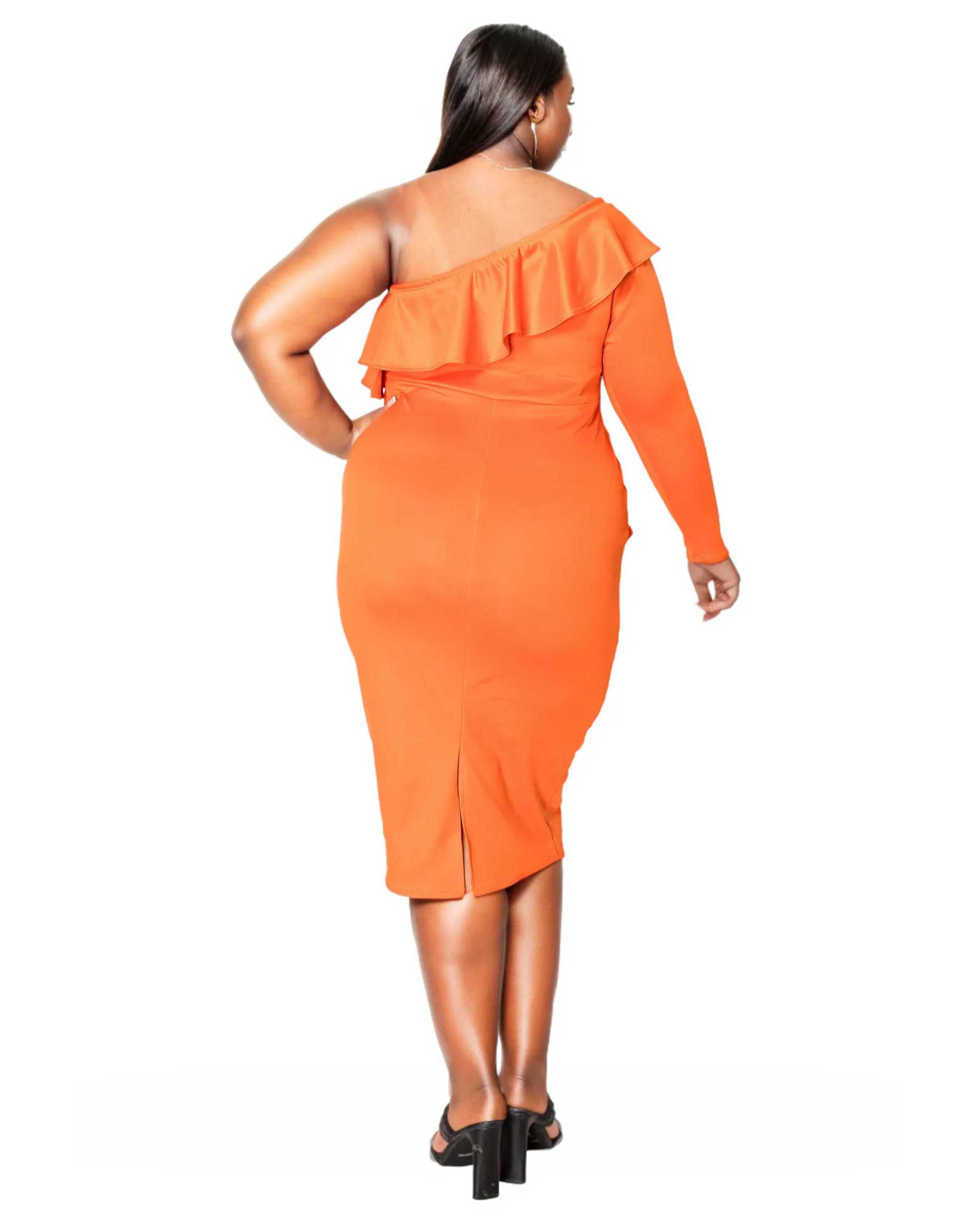 VAL RUFFLED BODYCON DRESS, Tangerine / Orange, alternate image number 2