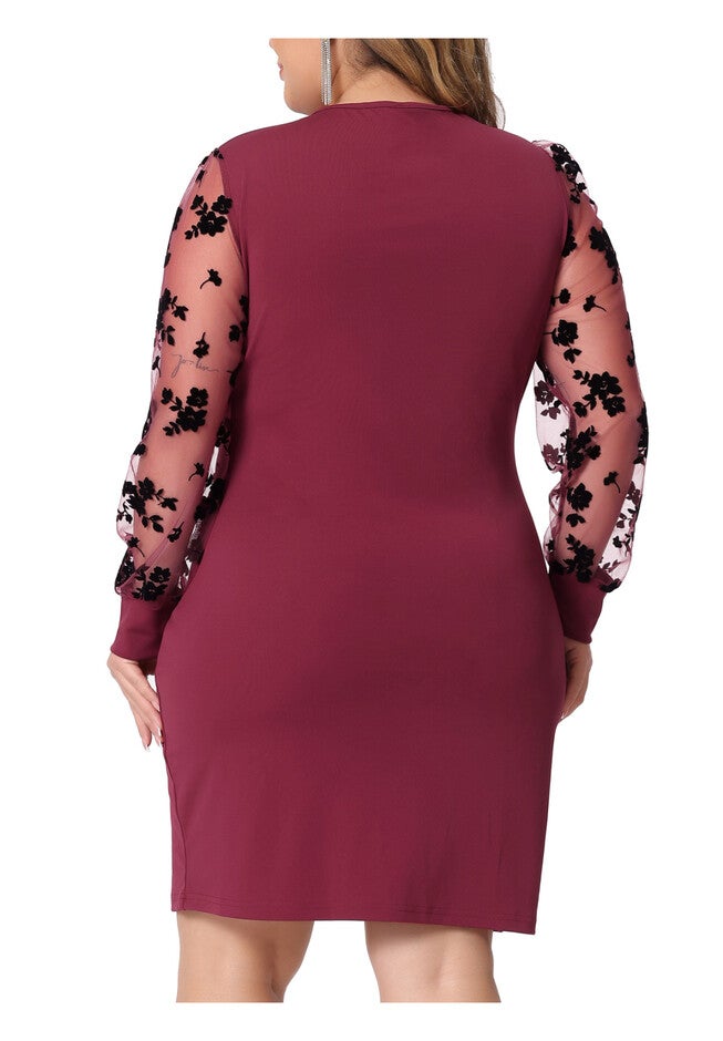 DEEP V NECK FAUX WRAP LONG SHEER SLEEVE COCKTAIL DRESS, Burgundy / Red, alternate image number 2