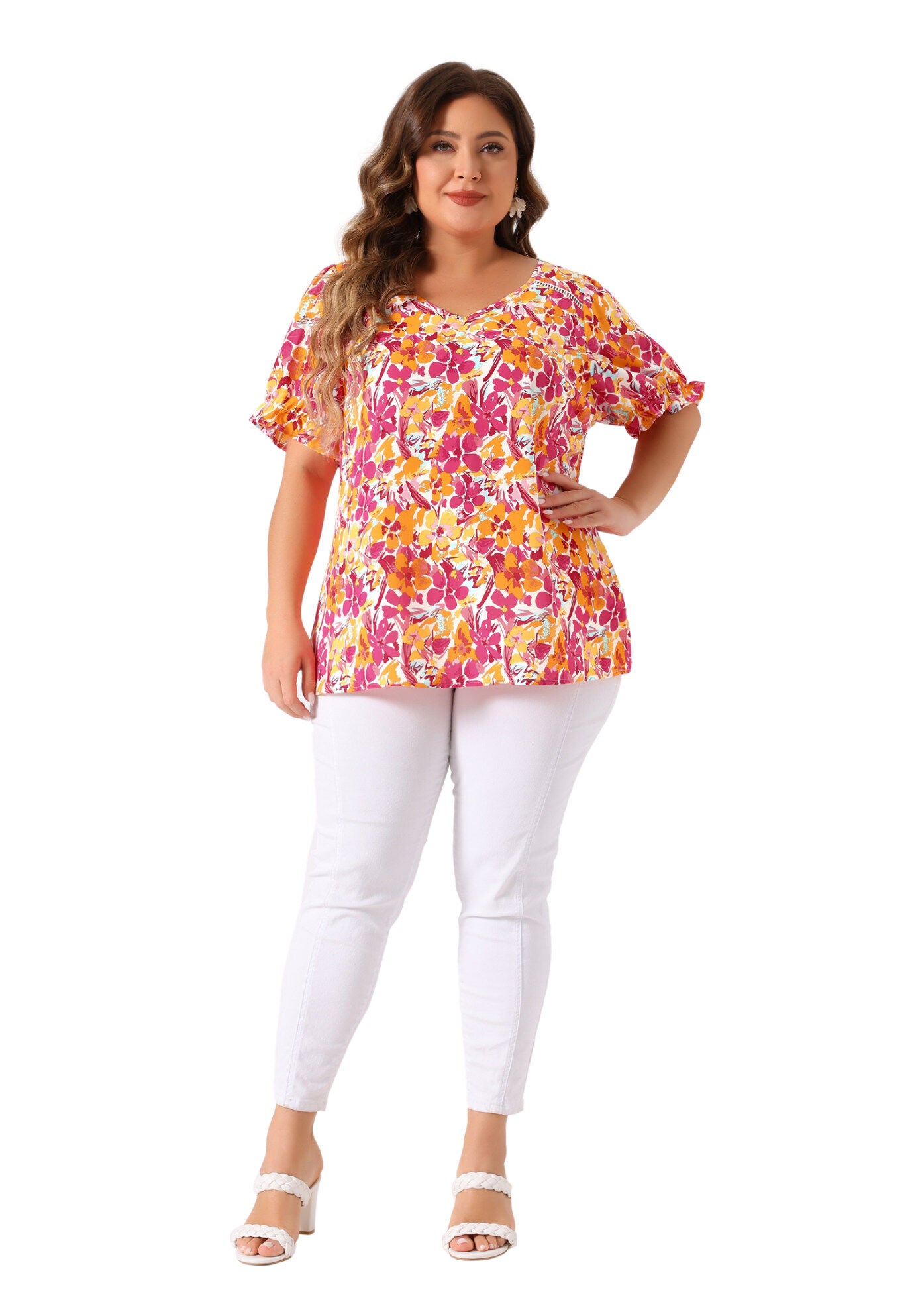 V Neck Ruffle Short Sleeve Chic Summer Blouses, Pink / Pink, hi-res image number 0