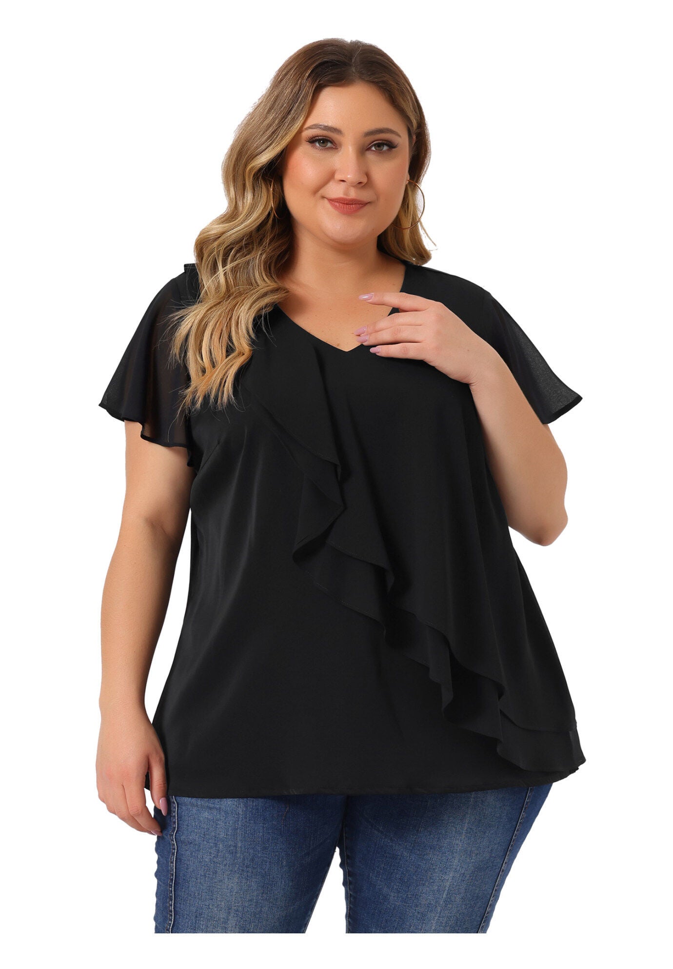 Flutter Sleeves Blouse V Neck Layer Chiffon Ruffle Top, Black / Black, alternate image number 2