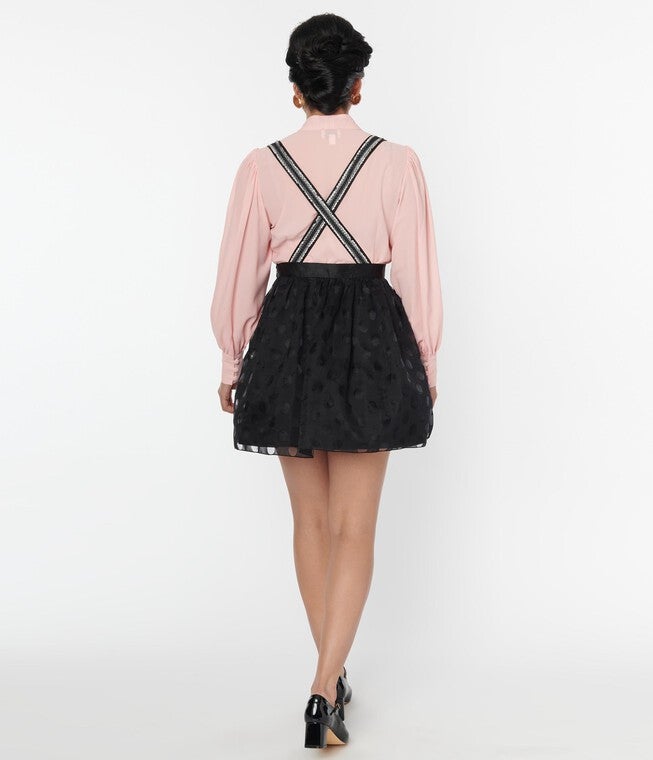 Unique Vintage Black Polka Dot Tulle Suspender Mini Skirt, Black Polka Dot / Black, alternate image number 2