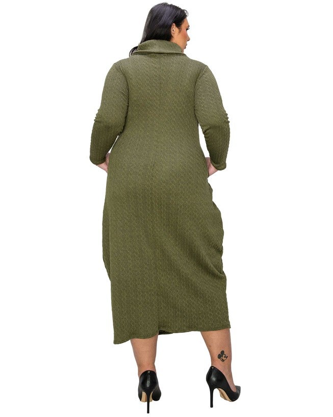 LANA COWL TURTLE NECK POCKET SWEATER DRESS, Olive / Olive Green, alternate image number 1