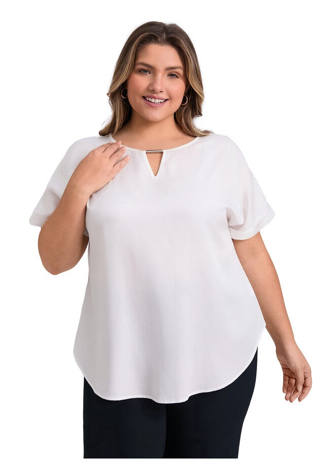 Keyhole Neck Metal Trim Blouses Folded Cuff Short Sleeve T-Shirt Top, White / White, hi-res image number 0