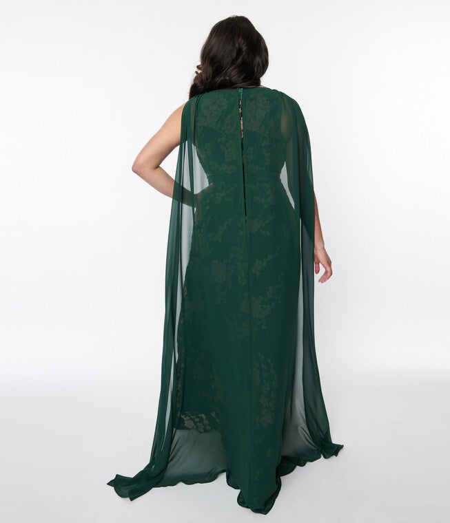 Unique Vintage Emerald & Cherry Blossom Velvet Cape Maxi Dress | Dia & Co Unique Vintage Emerald & Cherry Blossom Velvet Cape Maxi Dress | Dia & Co
