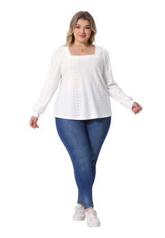 Square Neck Hollow Long Sleeve Eyelet Blouse