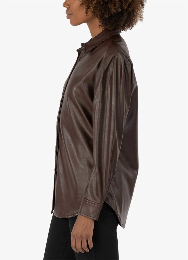 HENRIETTA PLEATHER BUTTON DOWN TOP IN CHOCOLATE, Chocolate / Brown, alternate image number null