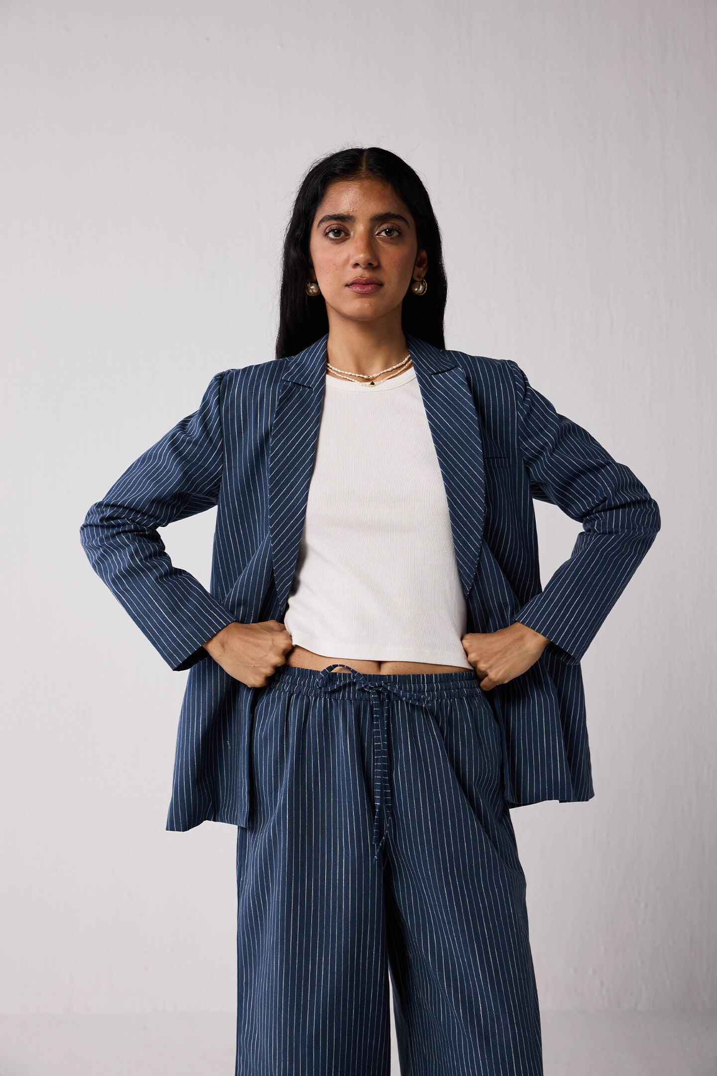 Wide-leg Drawstring Pants with Navy and White Stripes in Blue, Twilight Tracks / Navy, alternate image number 4