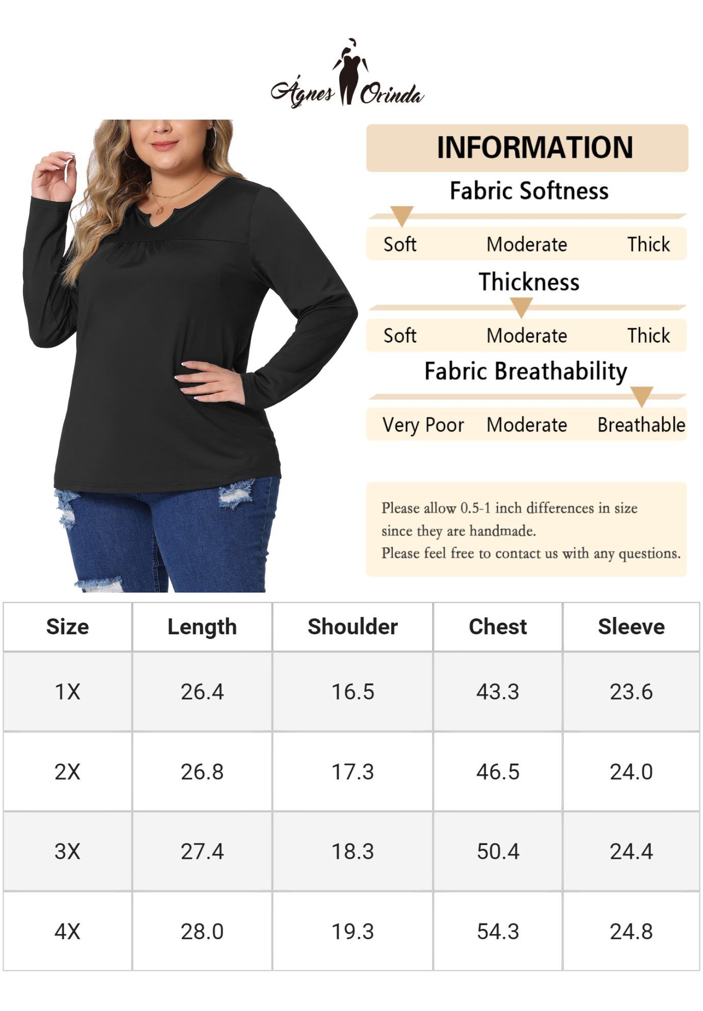 NOTCHED NECK LONG SLEEVE T-SHIRT LOOSE CASUAL TUNIC BLOUSE, Black / Black, alternate image number 4