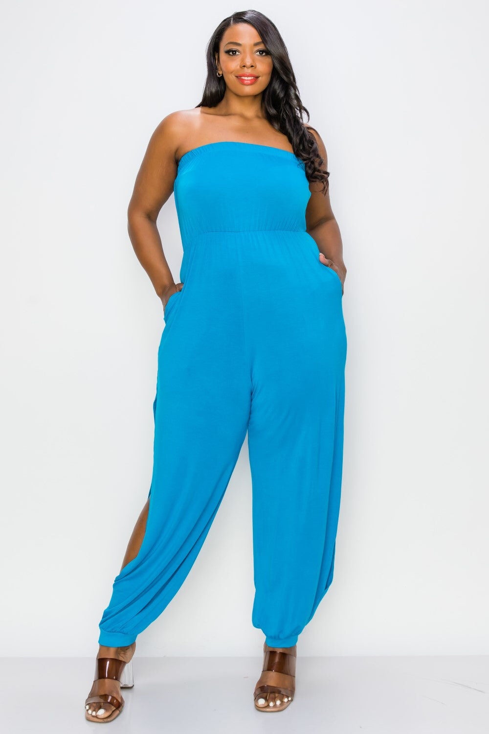 LILLIAN SLEEVELESS JUMPSUIT, Turquoise / Turquoise, alternate image number 3