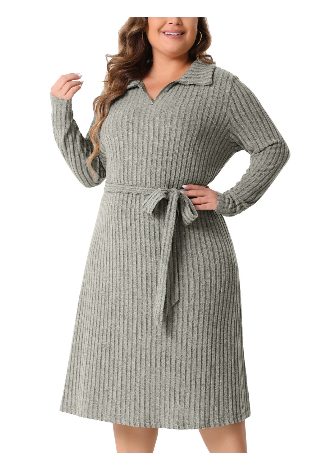 Ribbed Sweater Half Zip Front Tie Waist Knit Midi Dress with Belt, Grey / Warm Grey, alternate image number 1
