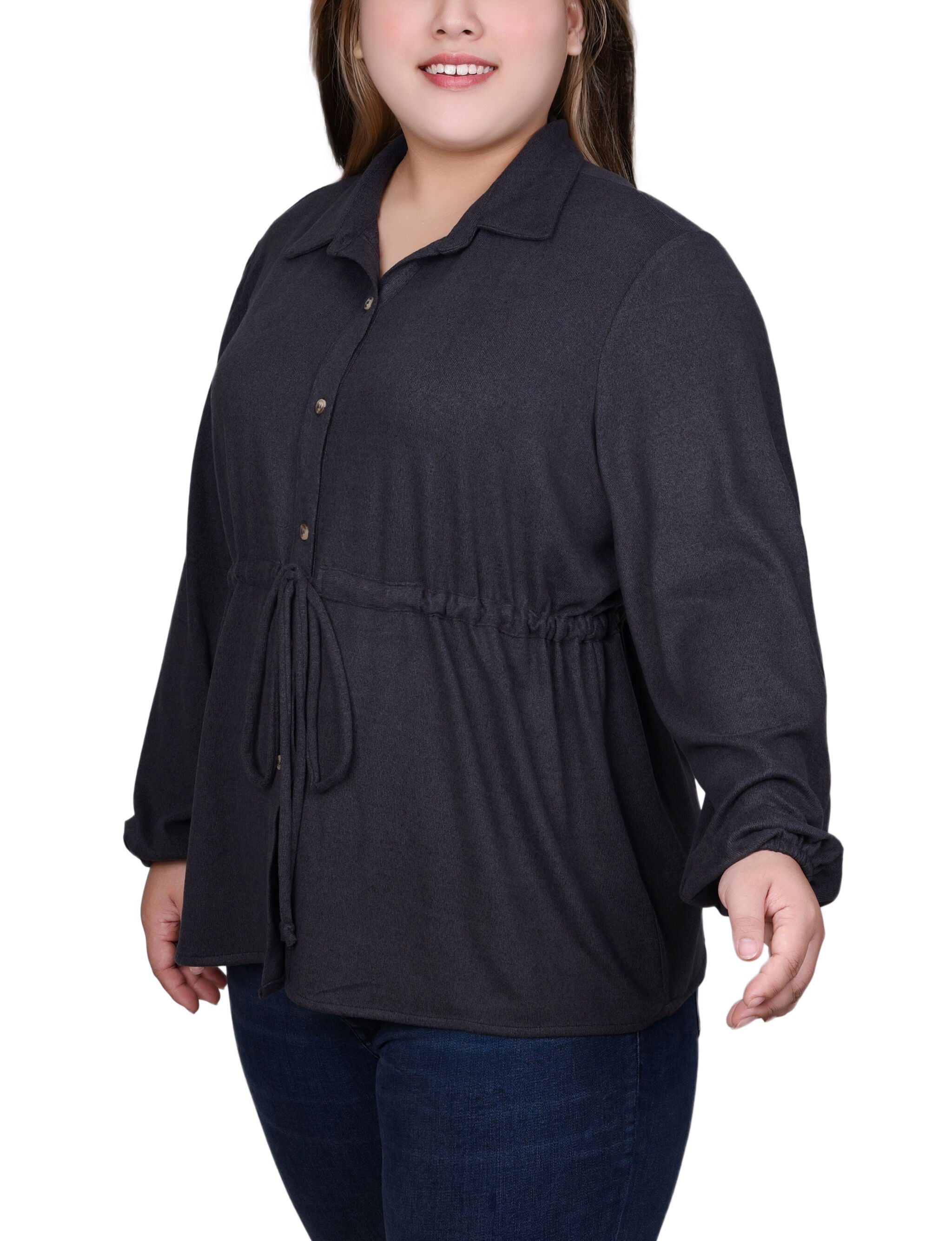 Long Dolman Sleeve Drawstring-Waist Tunic Top, Dark Charcoal, alternate image number 2