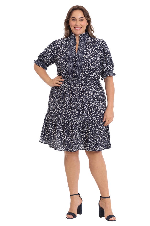 Smocked waist and puff sleeve tiered skirt dress, NavyWhite / Navy, hi-res image number 0