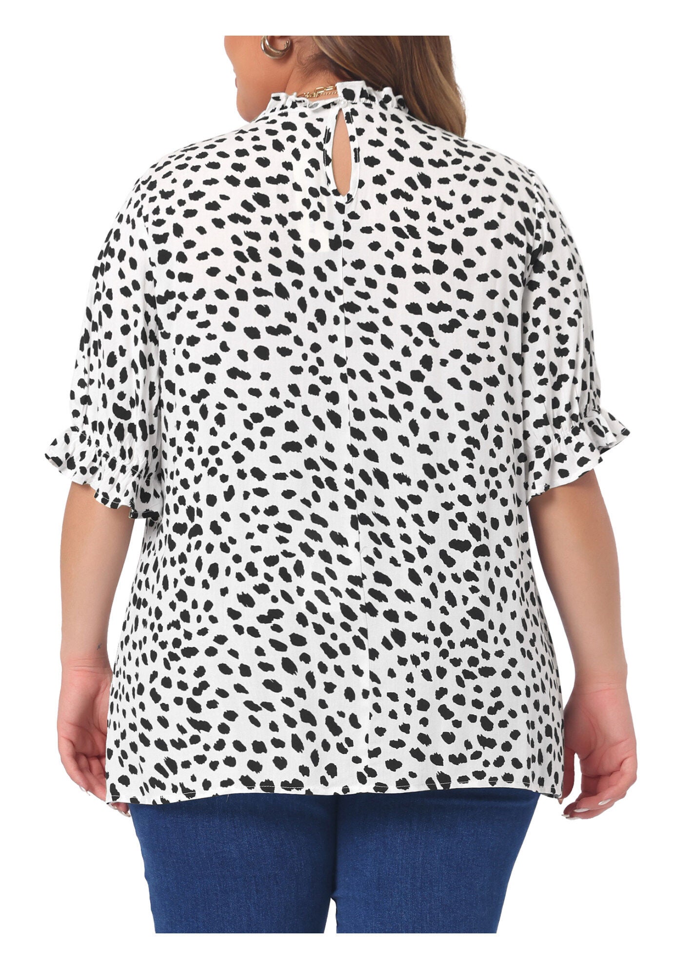 Polka Dots Printed Short Sleeve Ruffle Mock Neck Blouse, White / White, alternate image number 3