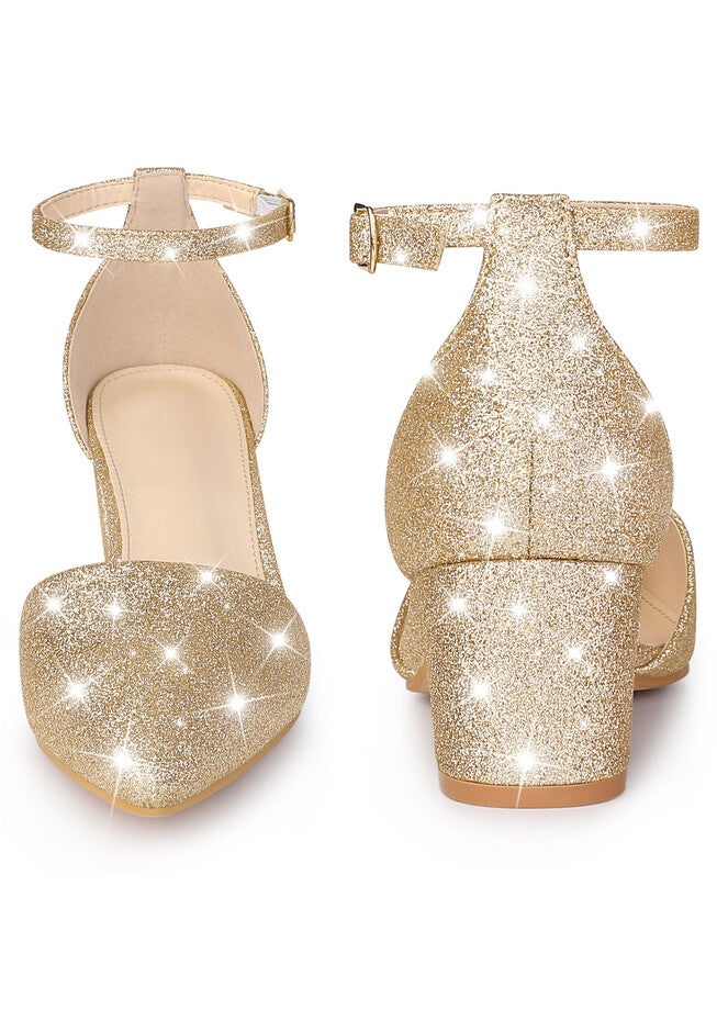 Glitter Pointed Toe Ankle Strap Dress Pumps, Gold / Gold, alternate image number 1