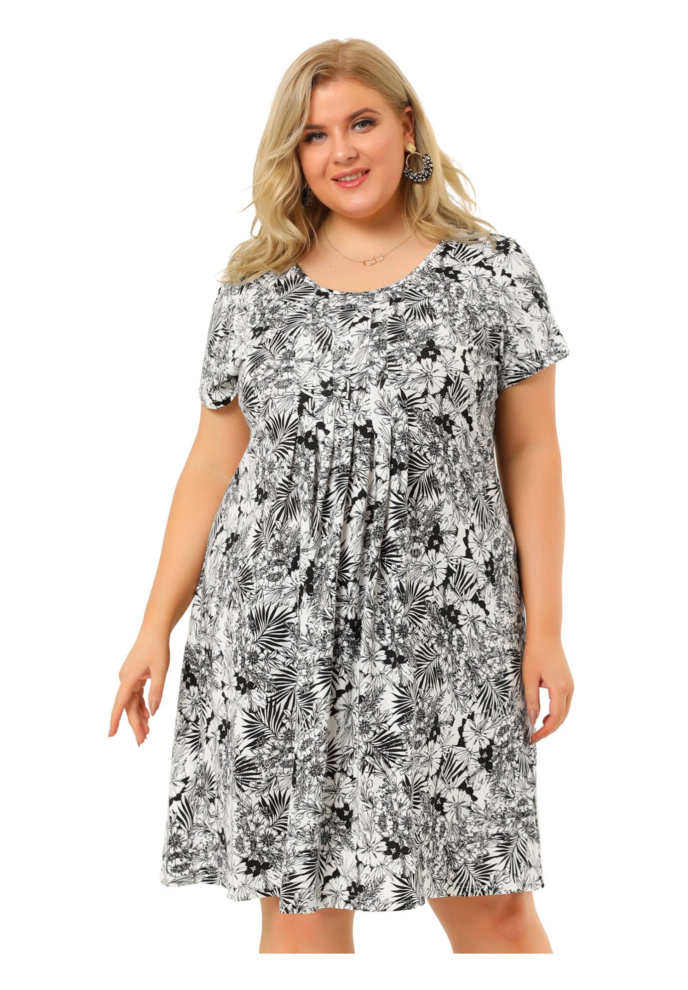 Short Sleeves Pleated Summer Beach Casual Loose Floral Dress, Black / Black, alternate image number 3