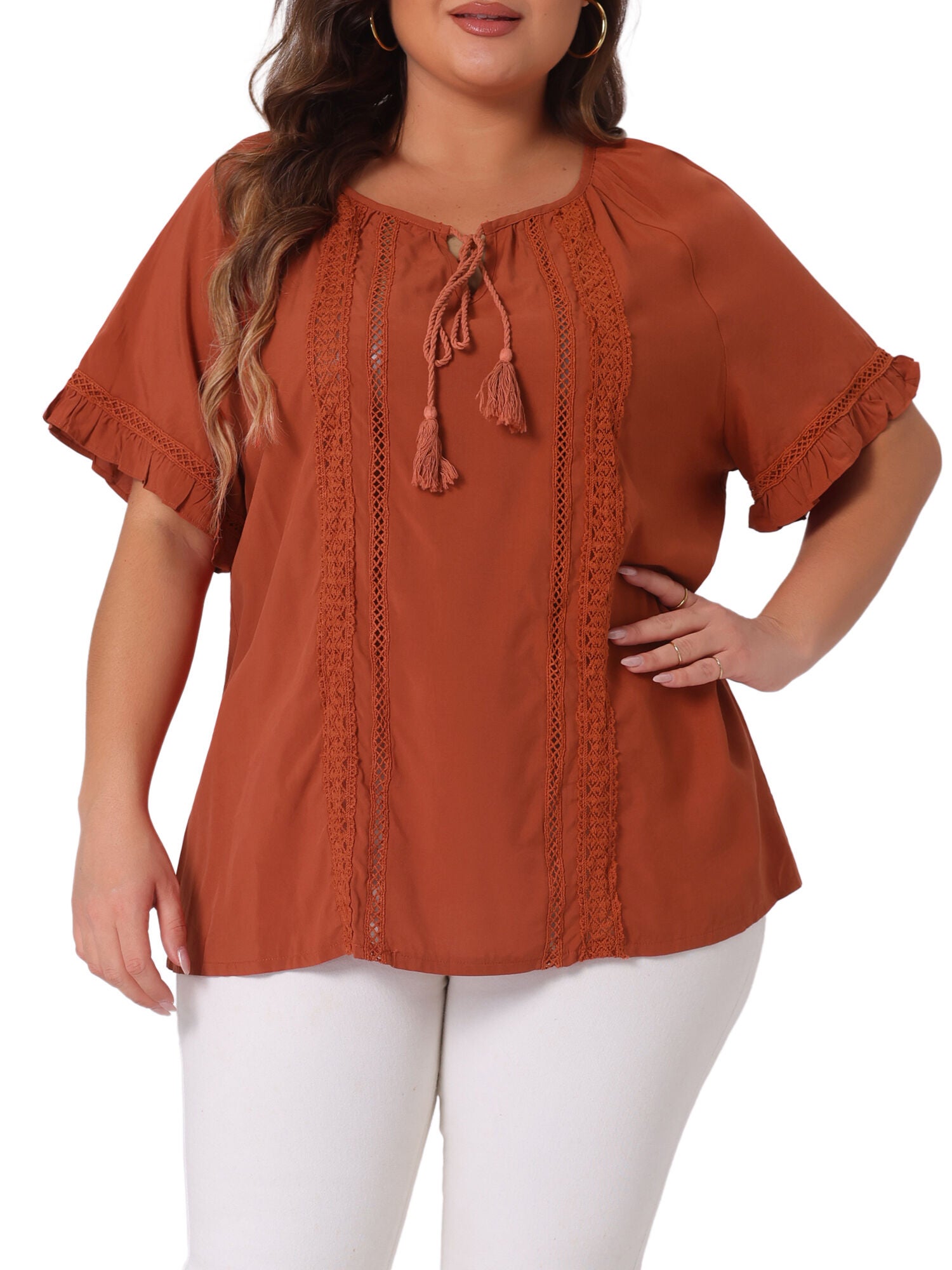 TIE NECK RUFFLE SHORT SLEEVE LACE CROCHET BLOUSE TOP, Caramel / Brown, alternate image number 1