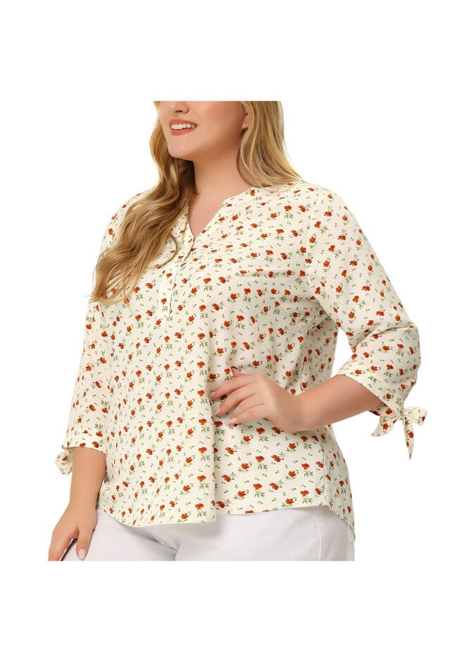 Notched Neck 3/4 Sleeve Floral Blouses Top, White / White, alternate image number 1