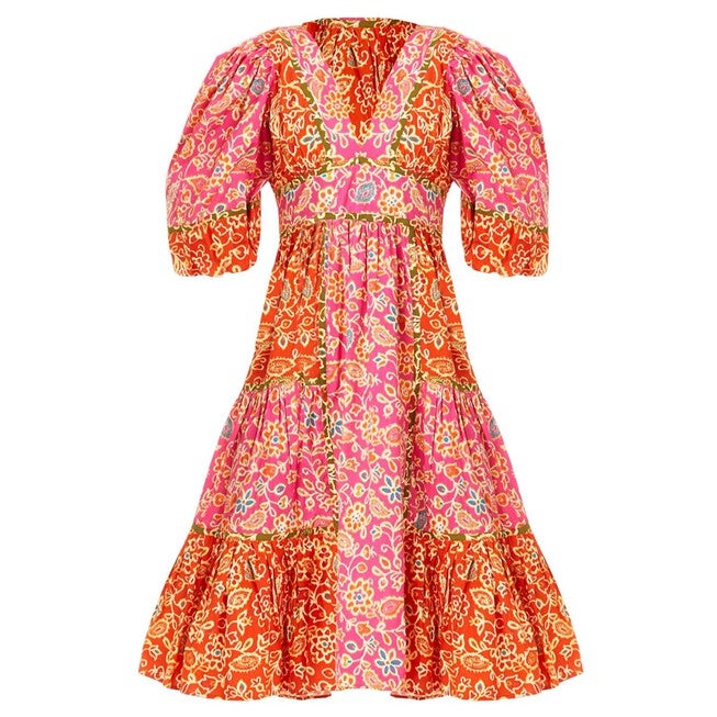 ELISE PUFF SLEEVES MIDI DRESS IN ALESSANDRA PINK PRINT, , alternate image number null