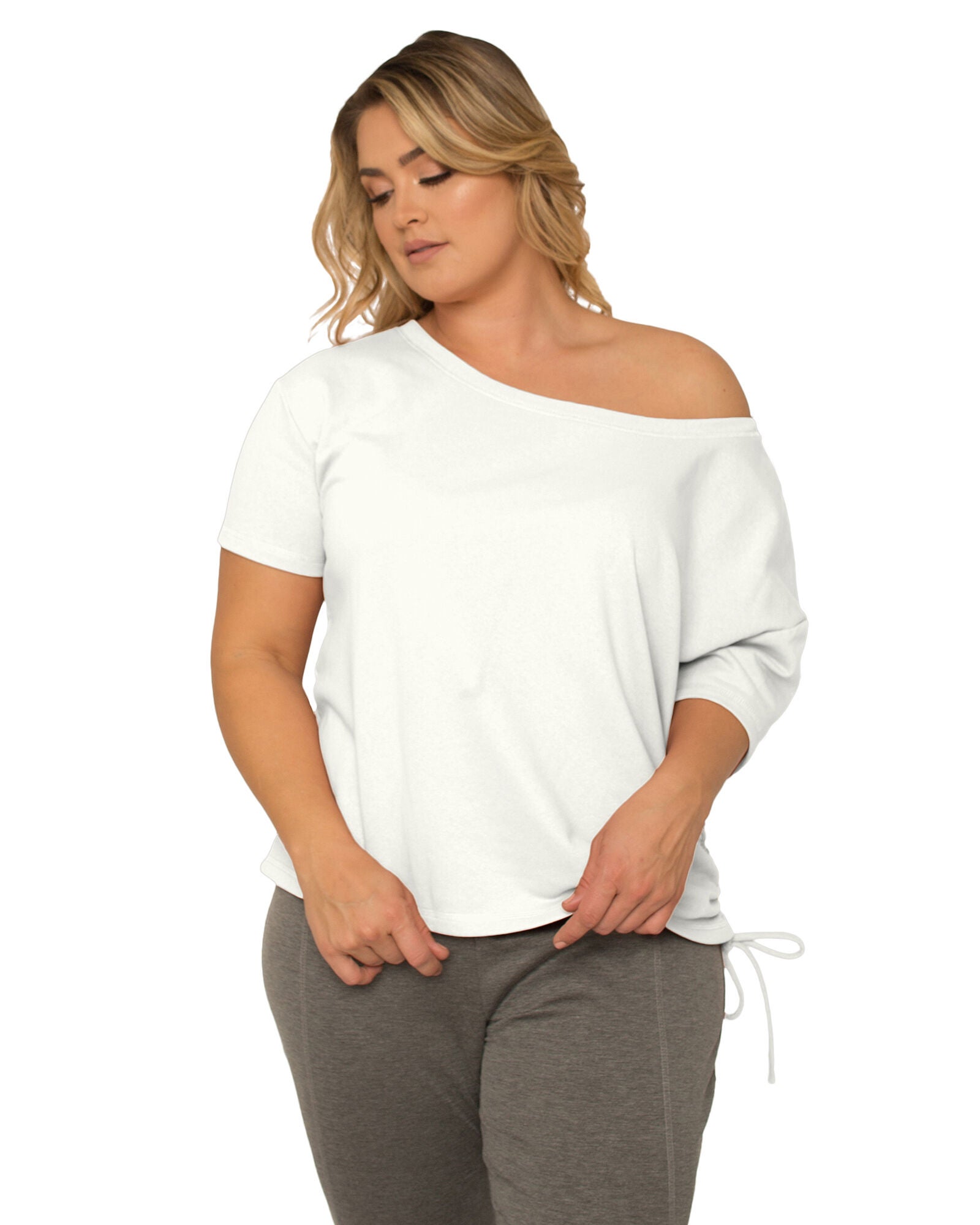Nola Plus Size Boat Neck French Terry Ruched Tee, Cream / Cream, hi-res image number 0