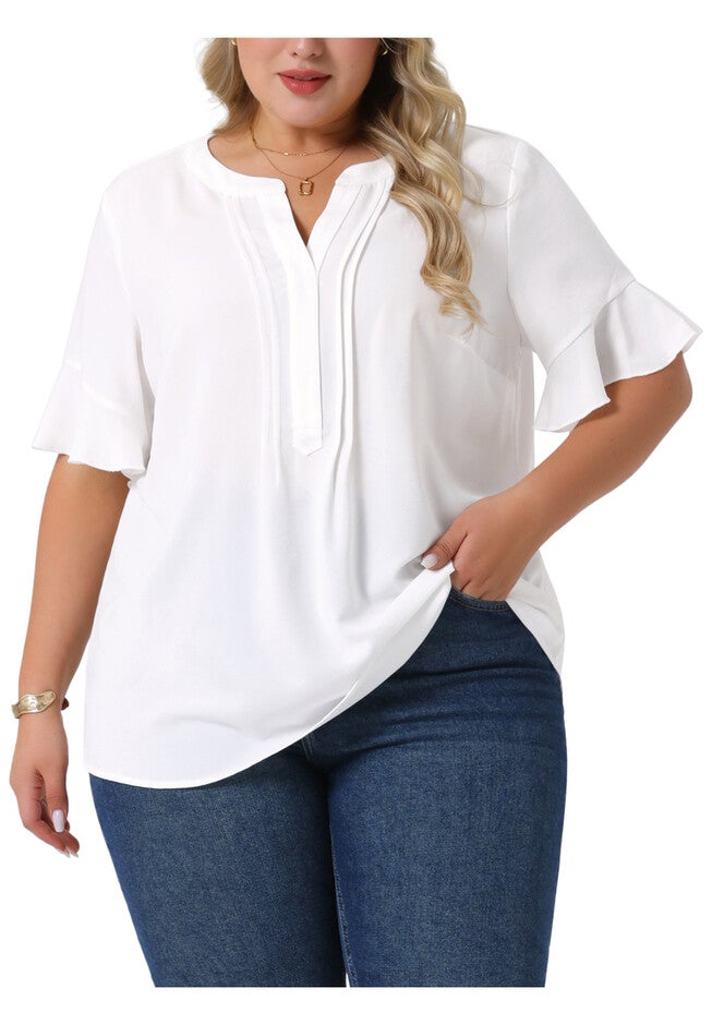 V Neck Ruffle Short Sleeve Chiffon Blouse Shirt, White / White, alternate image number 2