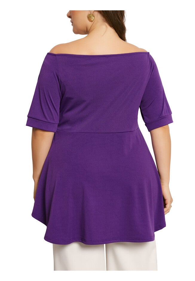 V NECK SHORT SLEEVE RUCHED PEPLUM BLOUSE TOP, Purple / Purple, alternate image number 3
