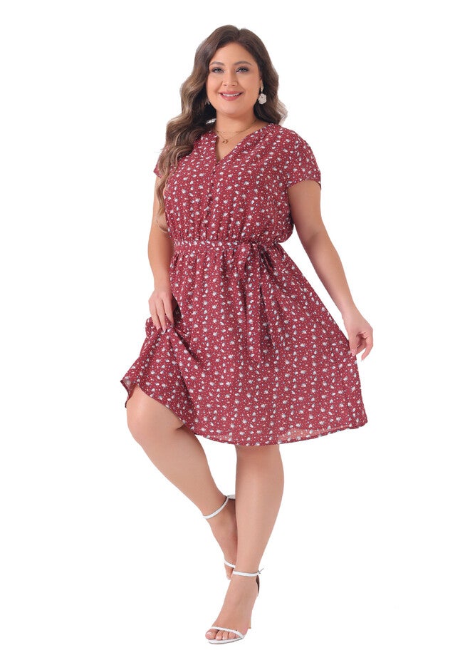 V Neck Belted Summer Floral Dress, Red / Red, hi-res image number 0