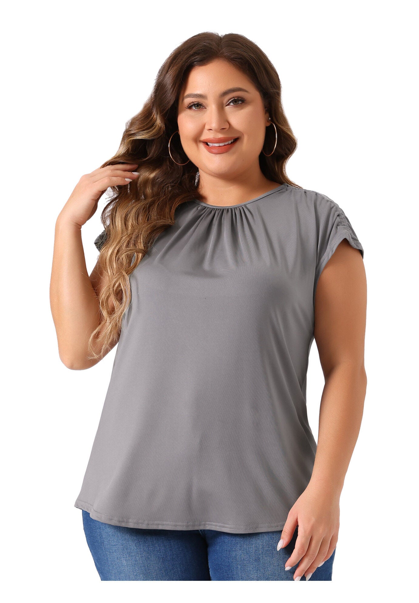 ROUND NECK RUCHED SHORT SLEEVE CASUAL TOP, Gray / Light Grey, alternate image number 2