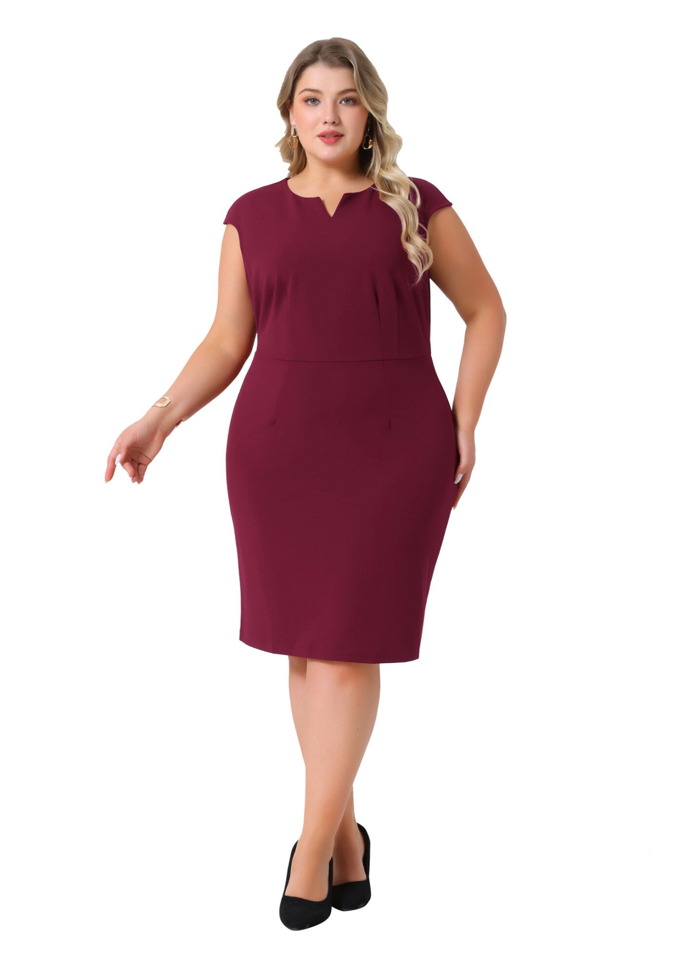 Notched Neck Sleeveless Work Pencil Sheath Dress, Burgundy / Burgundy, hi-res image number 0