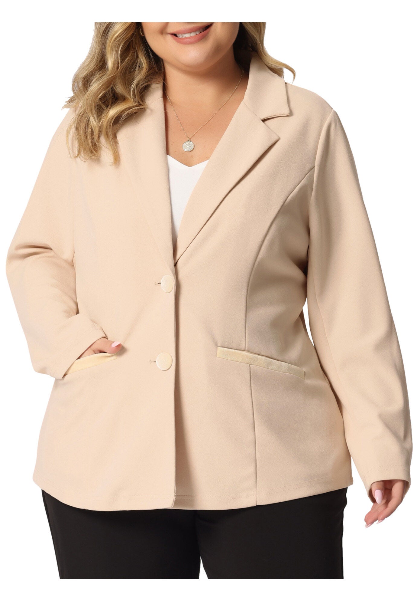 NOTCHED LAPEL V NECK WORK SUIT BLAZER, Apricot / Cream, alternate image number 2