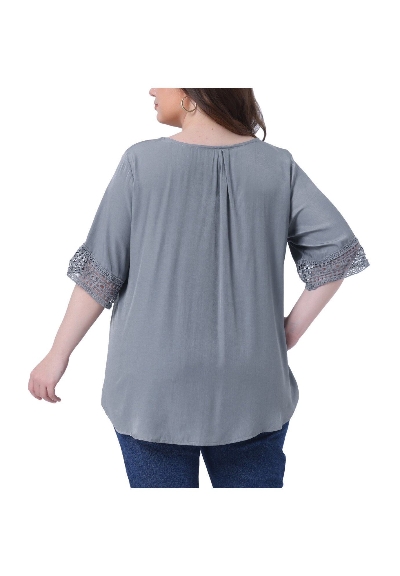 Crewneck Lace Crochet Short Sleeve Casual Loose Top, Light Gray / Light Grey, alternate image number 3