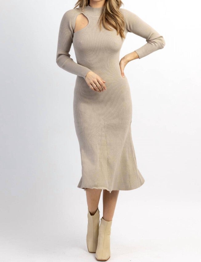 CUTOUT KNIT MIDI DRESS IN SMOKEY TAUPE, Smokey Taupe / Beige, hi-res image number null