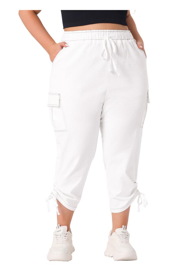 DRAWSTRING ELASTIC WAIST CARGO PANTS, White / White, alternate image number 2