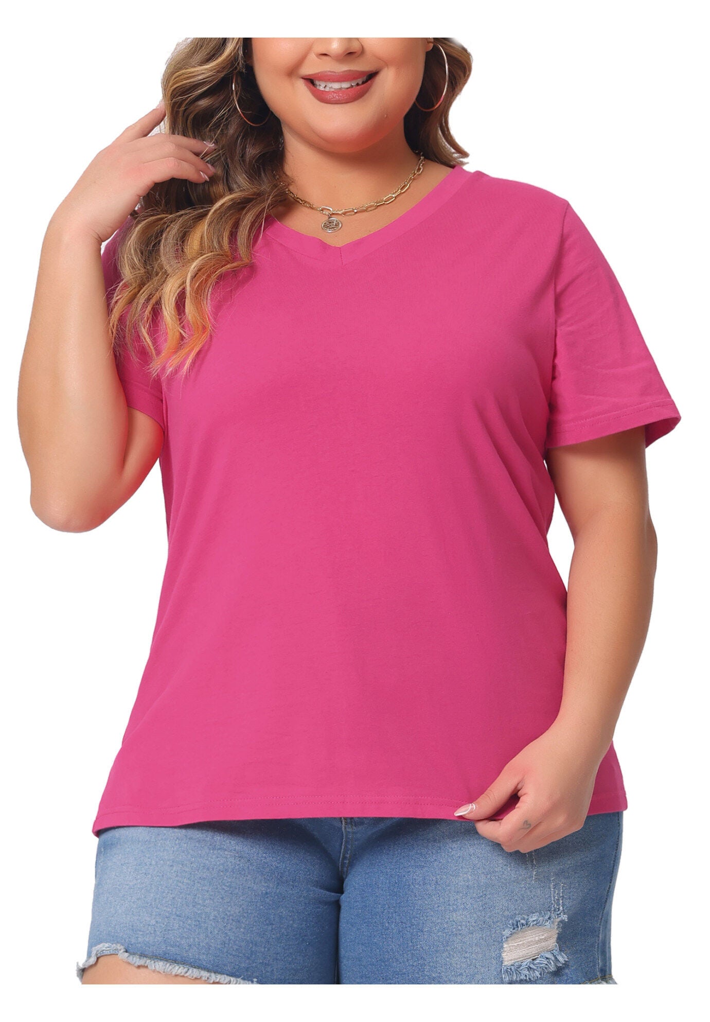 Short Sleeve V Neck Basic T-Shirt Top, Hot Pink / Magenta, alternate image number 1