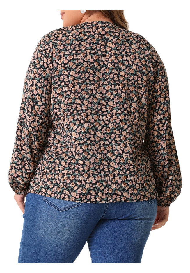 Round Neck Drawstring Long Sleeve Floral Blouse, Black / Black, alternate image number 3