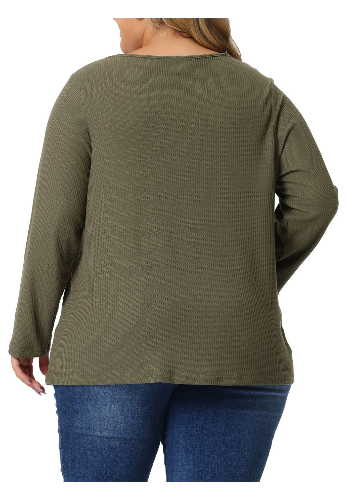 WAFFLE KNIT CAUSAL ROUND NECK TOP, Green / Sage Green, alternate image number 3