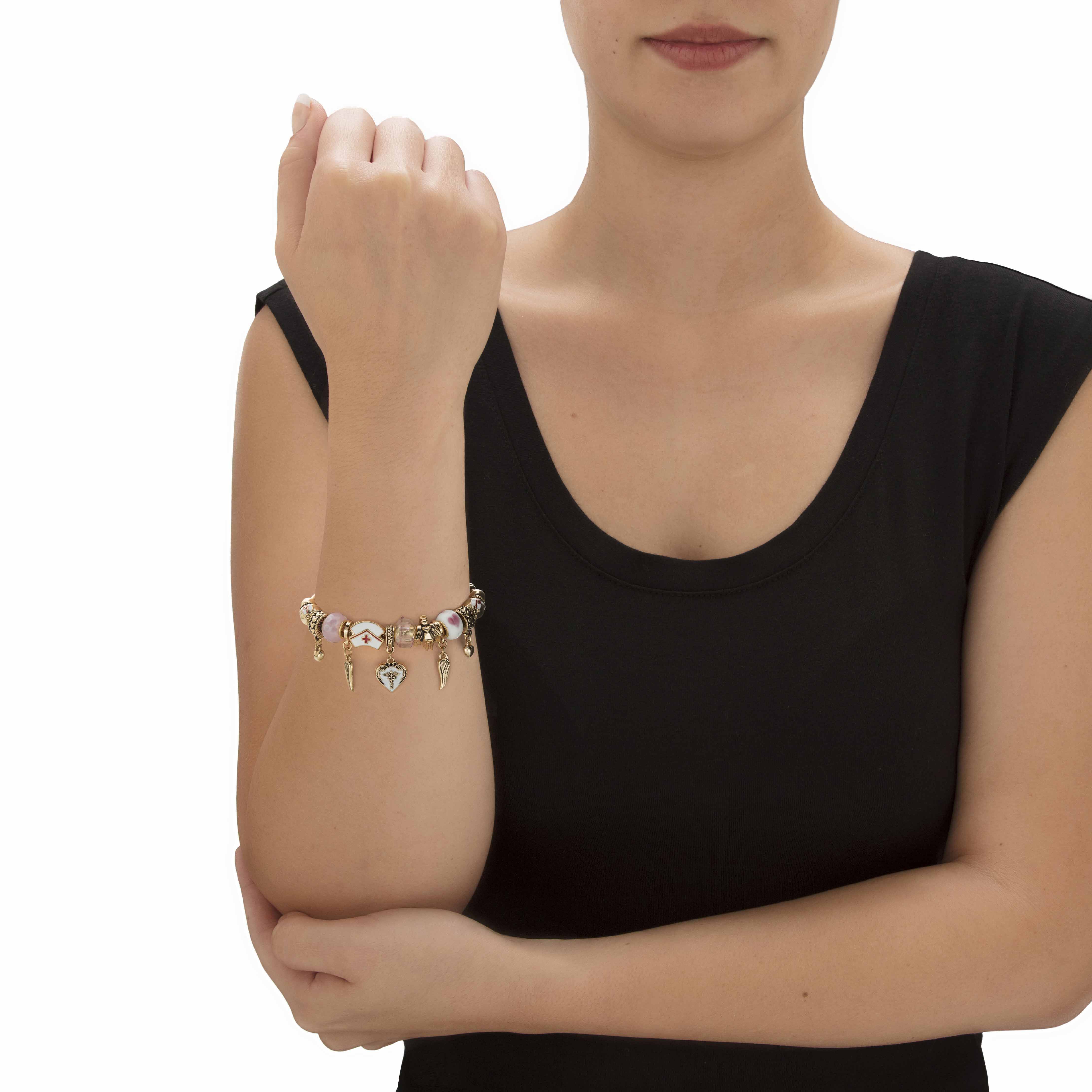 Pink and White Medical Nurses Goldtone Bali-Style Beaded Charm Bracelet 8 inches, Yellow / Yellow, alternate image number 2