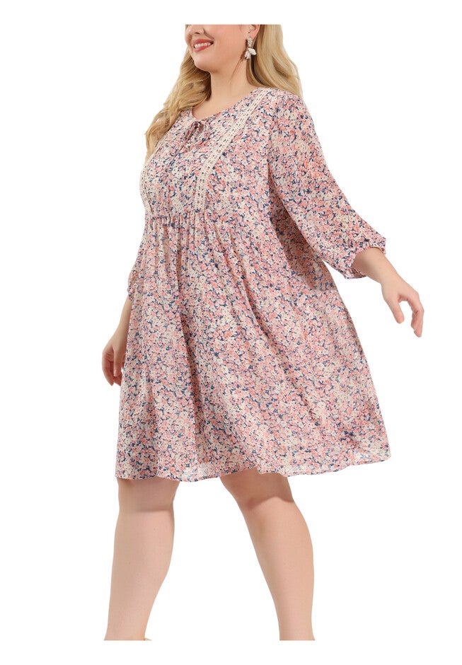 Summer Tie Neck Floral Printed Midi Babydoll Dress, Pink / Pink, alternate image number 1