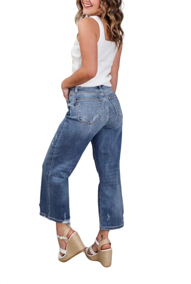 WIDE LEG CROPPED JEANS IN BLUE, Blue / Medium Wash, alternate image number 4